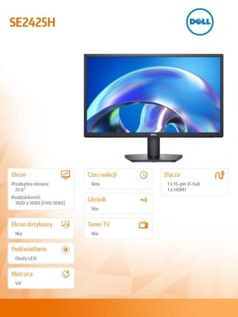 Dell Monitor SE2425H 23.8 cala LED VA/1920x1080/HDMI/VGA/3Y