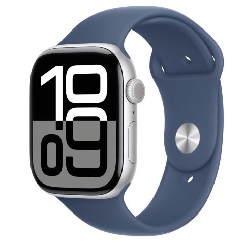 Apple Watch Series 10 GPS + Cellular, koperta 46 mm z aluminium w kolorze srebrnym z paskiem sportowym w kolorze denim - rozmiar S/M