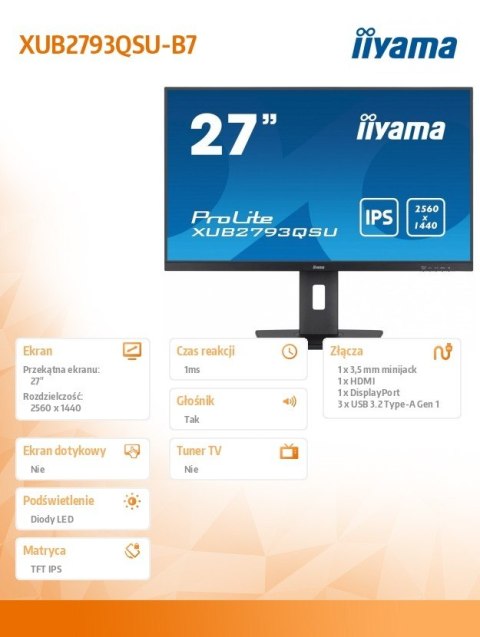 IIYAMA Monitor 27 cali XUB2793QSU-B7 IPS, QHD, HAS(150mm), 100Hz, 300cd