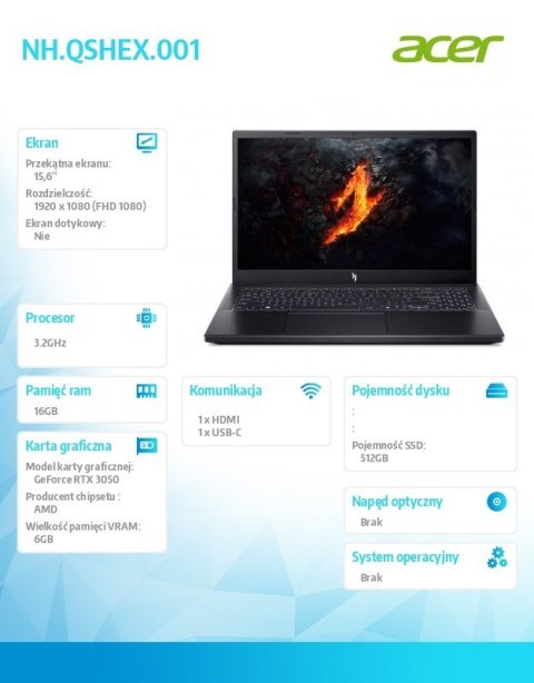 Acer Laptop Gaming Nitro V ANV15-41-R5AK AMD Ryzen 7 7735HS 15.6 FHD IPS 144Hz 16GB 512GB SSD GeForce RTX 3050 6GB No OS Obsidian Bl