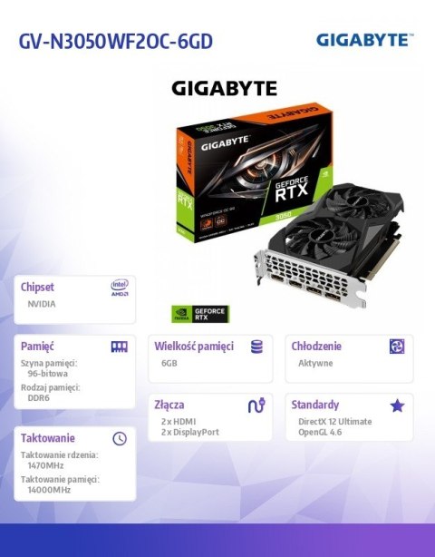 Gigabyte Karta graficzna RTX 3050 WINDFORCE OC 6 GB GDDR6 96bit 2DP/2HDMI