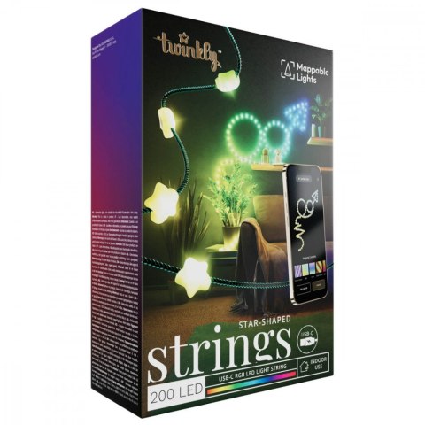 TWINKLY Inteligentne lampki dekoracyjne Strings USB-C (Candies) 200 LED RGB, gwiazdy, zielony przewód, 12 m