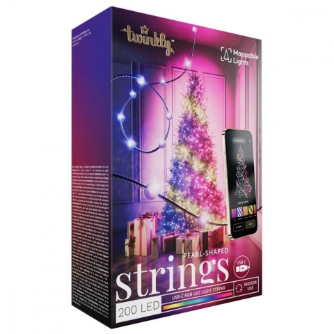 TWINKLY Inteligentne lampki dekoracyjne Strings USB-C (Candies) 200 LED RGB, perły, zielony przewód, 12 m