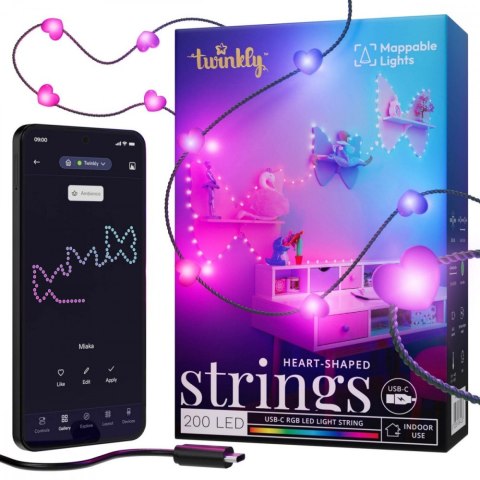 TWINKLY Inteligentne lampki dekoracyjne Strings USB-C (Candies) 200 LED RGB, serca, zielony przewód, 12 m