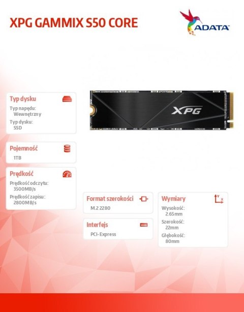 Adata Dysk SSD XPG GAMMIX S50 CORE 1TB PCIe 4x4 3.5/2.2 M2