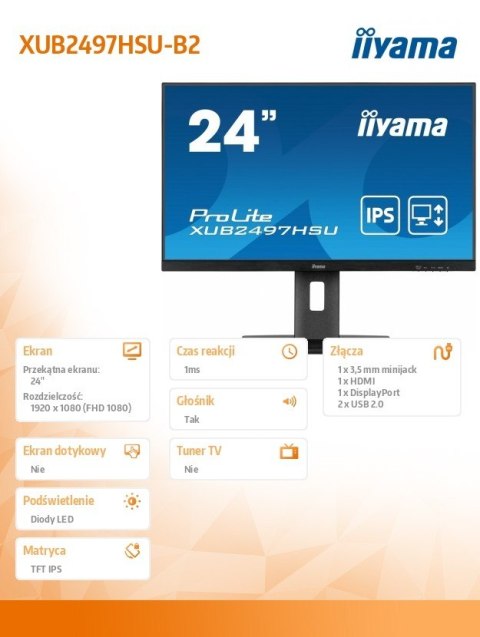 IIYAMA Monitor 24 cale XUB2497HSU-B2 IPS, HDMI, DP, 2x2W, 2xUSB, Pivot, HAS(150mm) /5y/