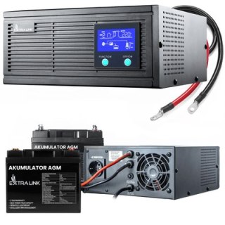 Zestaw Extralink Piorun 1200VA/1000W Inwerter + 2x Extralink AGM 12V 45Ah Akumulator | Zasilacz awaryjny | Czysta sinusoida, nap