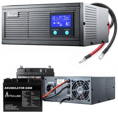 Zestaw Extralink Piorun 1500VA/1200W Inwerter + 2x Extralink AGM 12V 45Ah Akumulator | Zasilacz awaryjny | Czysta sinusoida, nap