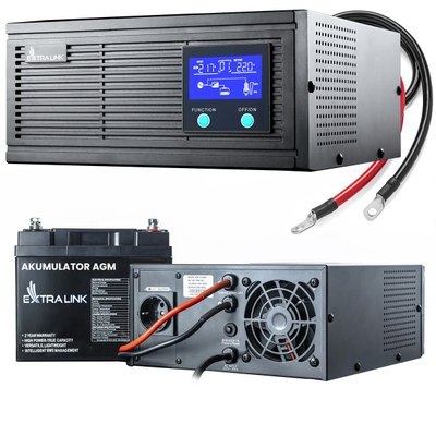 Zestaw Extralink Piorun 600VA/480W Inwerter + Extralink AGM 12V 45Ah Akumulator | Zasilacz awaryjny | Czysta sinusoida, napięcie