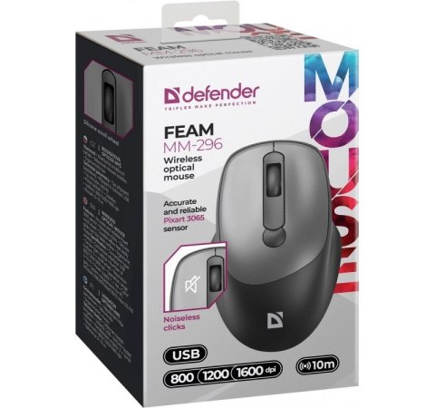 Defender Mysz bezprzewodowa silent click FEAM MM-296 RF 1600 DPI Szara