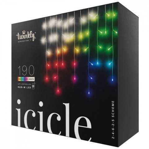 TWINKLY Inteligentne lampki sople Icicle 190 RGBW LED, 5x0,5 m, IP44, przezroczysty przewód