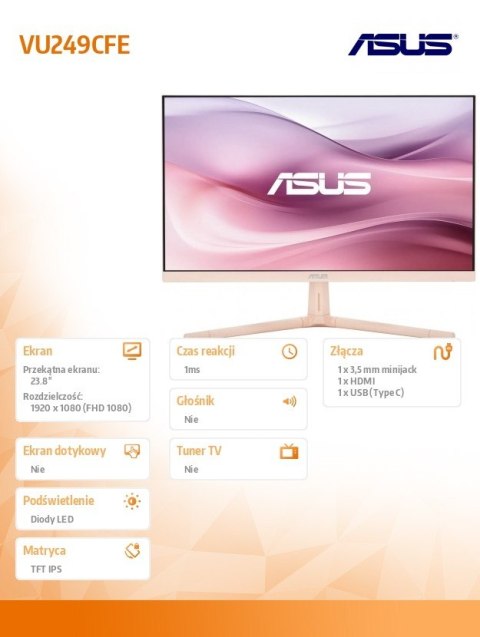 Asus Monitor 24 cale VU249CFE-P IPS 100Hz USB-C