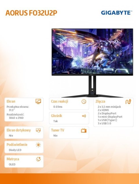 Gigabyte Monitor 31,5 cala FO32U2P OLED 0,03MS UHD 240HZ 4K