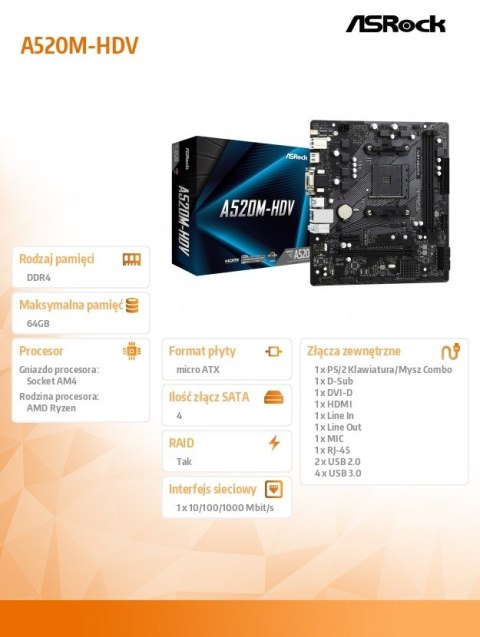 ASRock Płyta główna A520M-HDV AM4 2DDR4 HDMI/DVI/VGA M.2 mATX