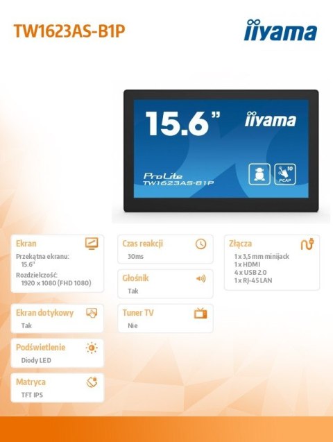 IIYAMA Monitor 16 cali TW1623AS-B1P,10P.DOT.IPS,ANDROID13,WIFI,24/7,RJ45, HDMI,3xUSB