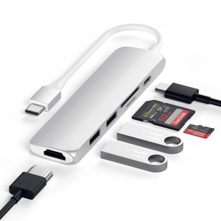 Satechi 6-in-1 USB-C Slim Multiport Adapter - aluminiowy adapter do urządzeń mobilnych USB-C (USB-C, 2x USB-A, 4K HDMI, czytnik 