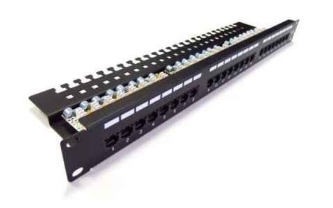 Patch panel 19" 24 porty, kat.6, U/UTP, 1U, wspornik kablowy, czarny (kompletny)