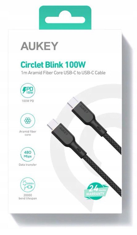 AUKEY CB-KCC101 kevlarowy kabel USB C - USB C | 1m | 5A | 100W PD | 20V