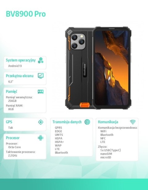 Blackview Smartfon BV8900 Pro 6.5\" 8/256GB 10000 mAh pomarańczowy