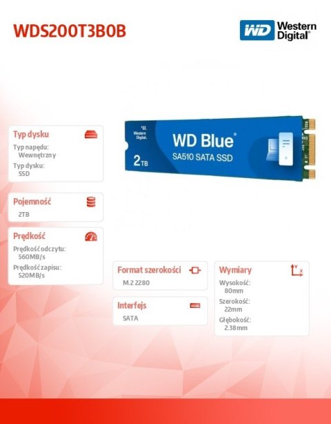 Western Digital Dysk SSD Blue 2TB SA510 M.2 2280 WDS200T3B0B