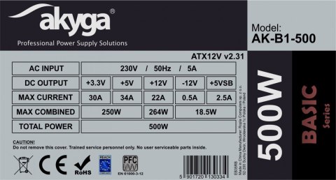 AKYGA Zasilacz ATX 500W AK-B1-500 P4 PCI-E 6+2 pin 3x SATA 2x Molex PPFC FAN 12cm