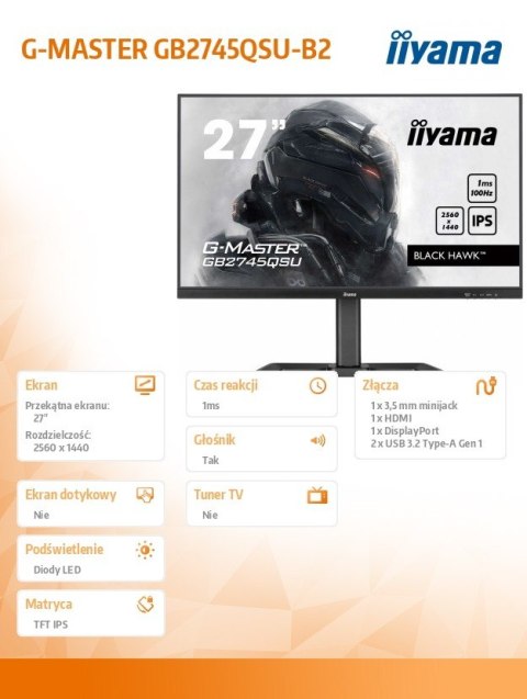 IIYAMA Monitor 27 cali GB2745QSU-B2,IPS,QHD,100Hz,1ms,2xUSB,300cd IIYAMA Monitor 27 cali GB2745QSU-B2,IPS,QHD,100Hz,1ms,2xUSB,300cd