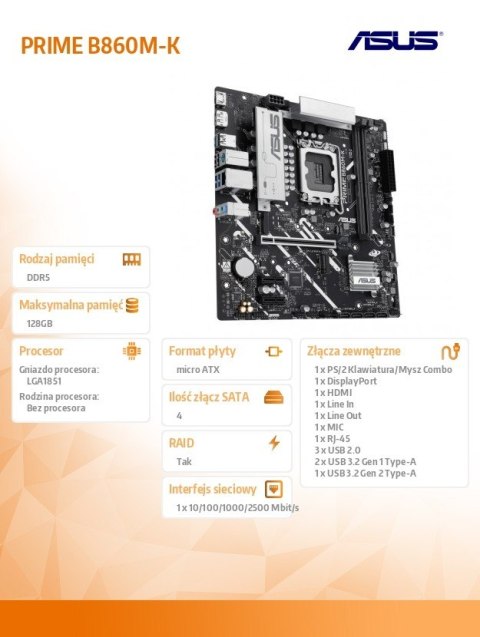 Asus Płyta główna PRIME B860M-K s1851 XDDR5 USBC mATX Asus Płyta główna PRIME B860M-K s1851 XDDR5 USBC mATX