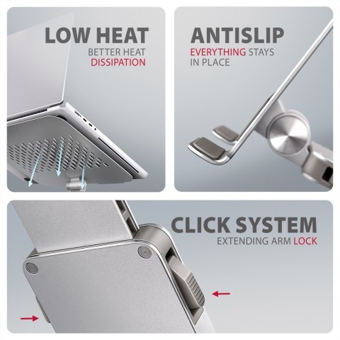 AXAGON STND-LR Podstawa do laptopów aluminiowa 10-17,3" regulowane kąty nachylenia, obrót o 360 stopni, Szara