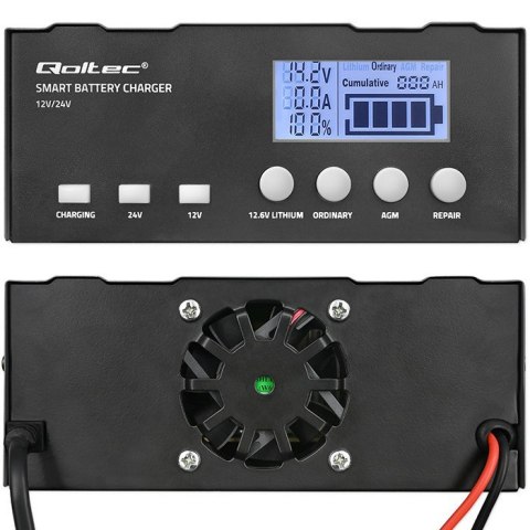 Qoltec Inteligentna mikroprocesorowa ładowarka 12V | 12.6V | 24V |Prostownik z funkcją naprawy do akumulatora AGM GEL LiFePO4 | LCD