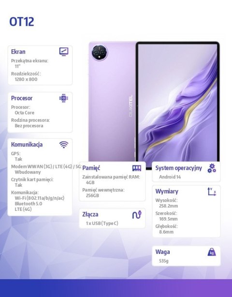OUKITEL Tablet OT12 4G 11 cali 4/256GB fioletowy