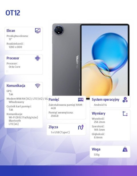 OUKITEL Tablet OT12 4G 11 cali 4/256GB szary