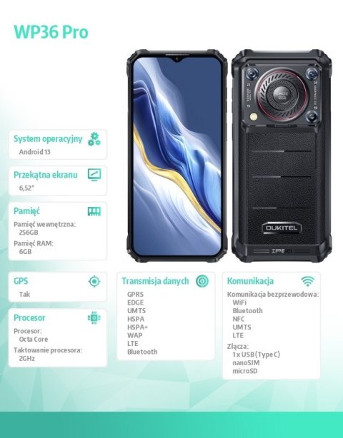 OUKITEL Smartfon WP36 Pro 4G 6/256GB IP69K Czarny