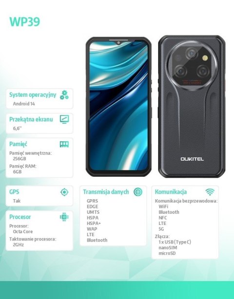 OUKITEL Smartfon WP39 5G 6/256GB IP69K szary