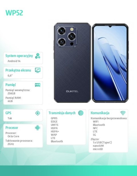 OUKITEL Smartfon WP52 5G 4/256/GB IP69K Niebieski