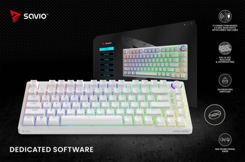 Savio Klawiatura mechaniczna bezprzewodowa PHENIX WHITE Gateron Red Pro, ABS
