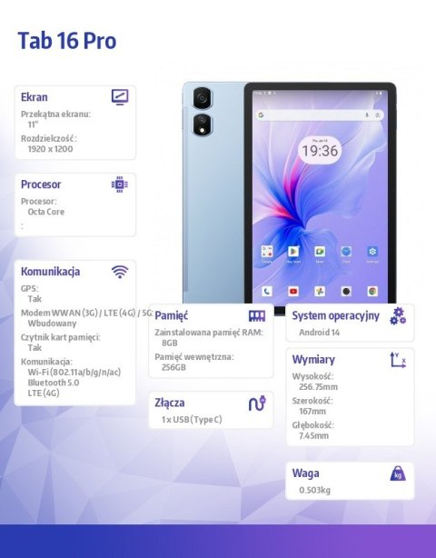 Blackview Tablet TAB 16 Pro LTE 11 cali 8/256GB 7700 mAh Niebieski
