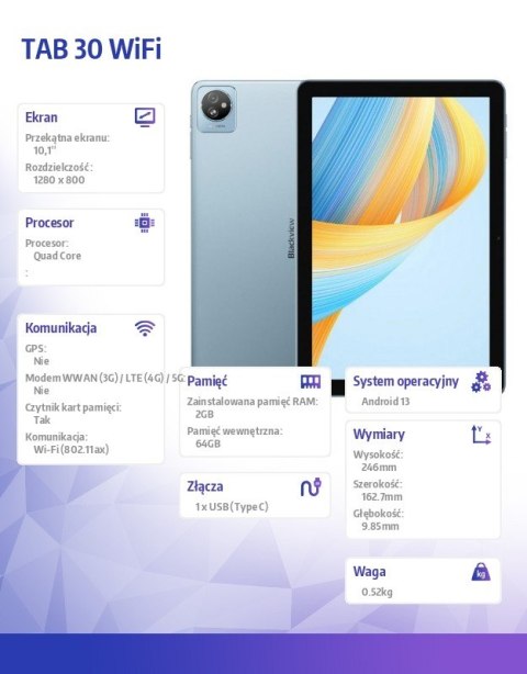 Blackview Tablet TAB 30 WiFi 10.1 cala 2/64GB 5100 mAh Niebieski