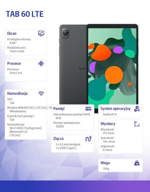 Blackview Tablet TAB 60 LTE 8.68 cala 6/128GB 6050 mAh Szary