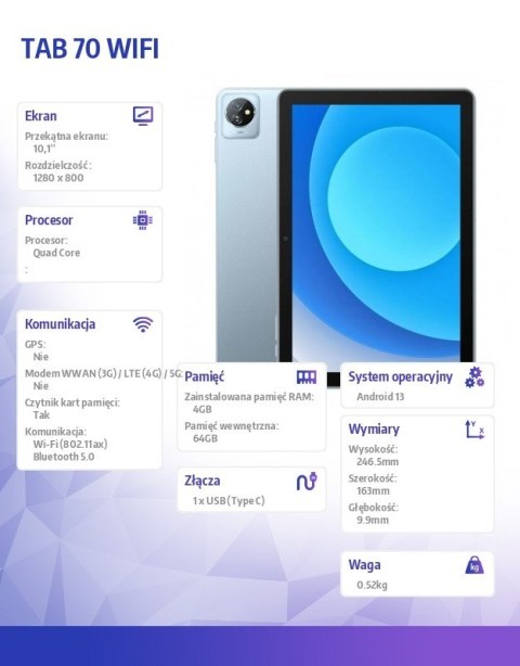 Blackview Tablet TAB 70 WiFi 10.1 cala 4/64GB 6580 mAh Niebieski