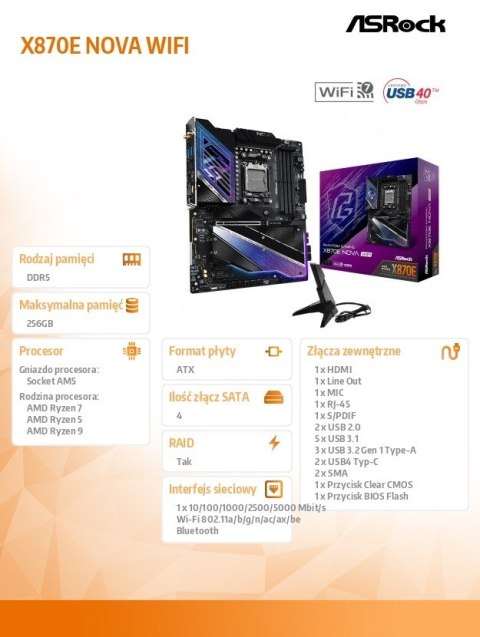 ASRock Płyta główna X870E NOVA WIFI AM5 4DDR5 M.2 ATX ASRock Płyta główna X870E NOVA WIFI AM5 4DDR5 M.2 ATX