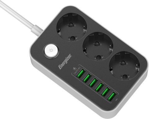 LISTWA ZASILAJĄCA Z WYŁĄCZNIKIEM Energizer 3x SCHUKO 6x USB-A 2500W 10A KABEL 2M