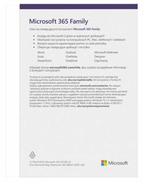 Microsoft M365 Family PL 1Y 6U Win/Mac Box EP2-32382, Zastępuje P/N: 6GQ-01940