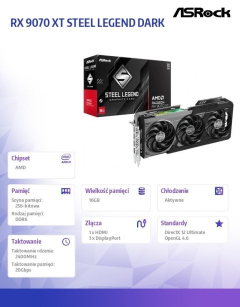 ASRock Karta graficzna Radeon RX 9070 XT STEEL LEGEND DARK 16GB GDDR6 256bit 3DP/HDMI