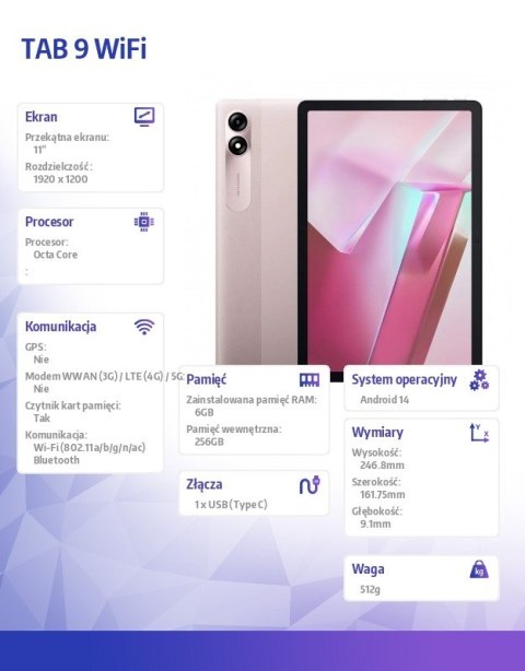 Blackview Tablet Tab 9 11 cali 6/ 256GB WiFi Różowy