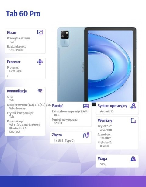 Blackview Tablet Tab 60 Pro LTE 11 cali 8/128GB Niebieski
