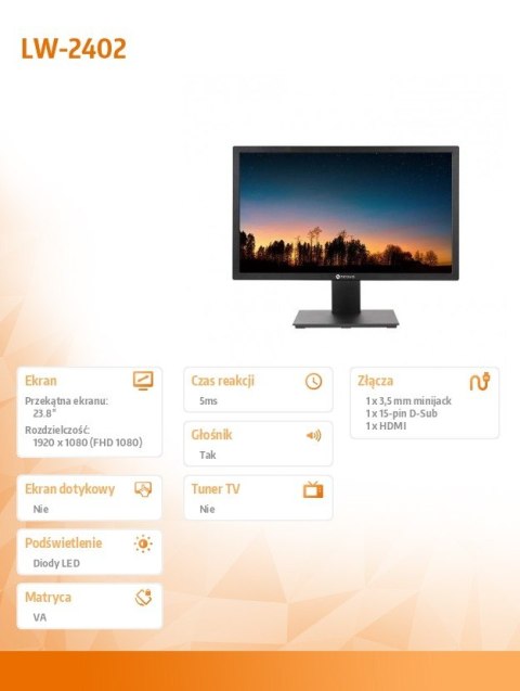 AG NEOVO Monitor 24 cale LW-2402 HDMI VGA czarny