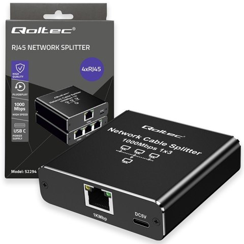 Qoltec Rozdzielacz Splitter Ethernet mini SWITCH 1x3 RJ45 | 1000Mb/s | USB-C | Aluminium