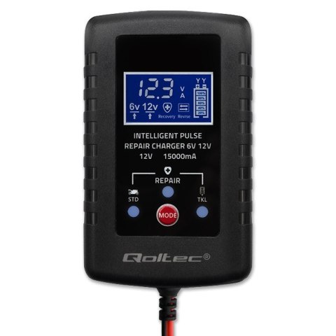 Qoltec Automatyczna ładowarka do akumulatora AGM GEL STD 6V/12V | 2A | Prostownik z funkcją naprawy i wyświetlaczem LED
