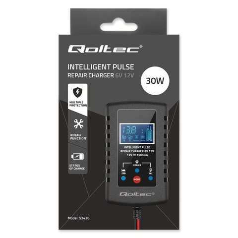 Qoltec Automatyczna ładowarka do akumulatora AGM GEL STD 6V/12V | 2A | Prostownik z funkcją naprawy i wyświetlaczem LED