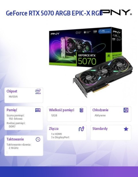 PNY Karta graficzna GeForce RTX5070 OC ARGB 3F 12GB 192-bit 672GB/s